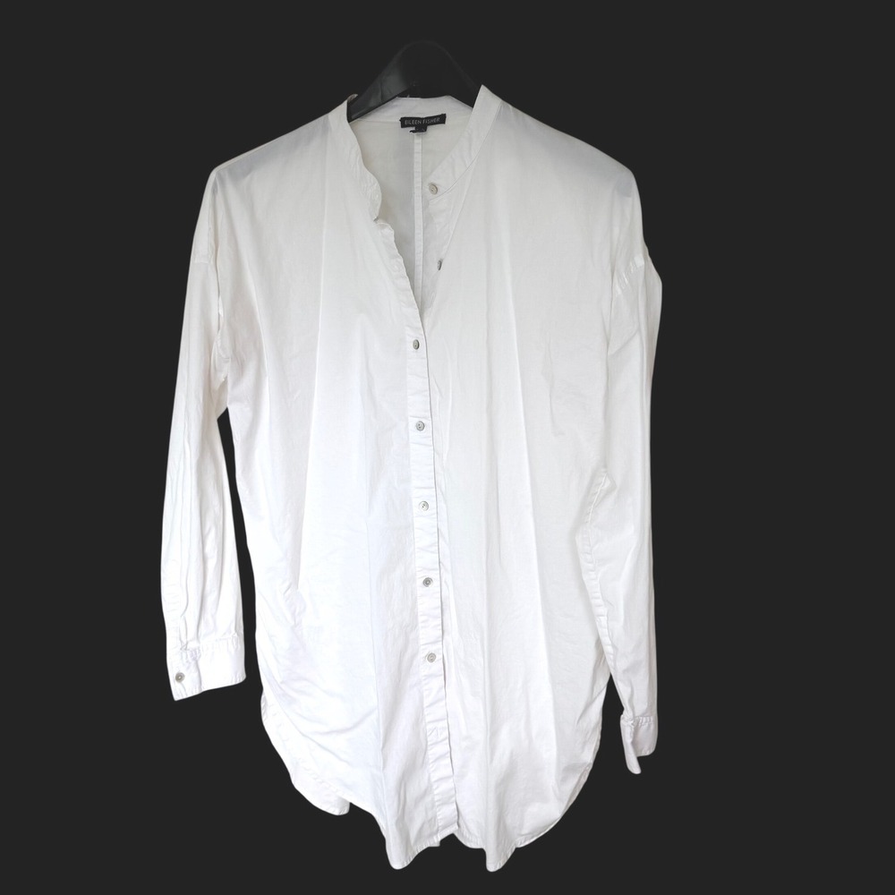 Eileen Fisher White Organic Cotton Mandarin Collar Button Down Tunic Shirt Small